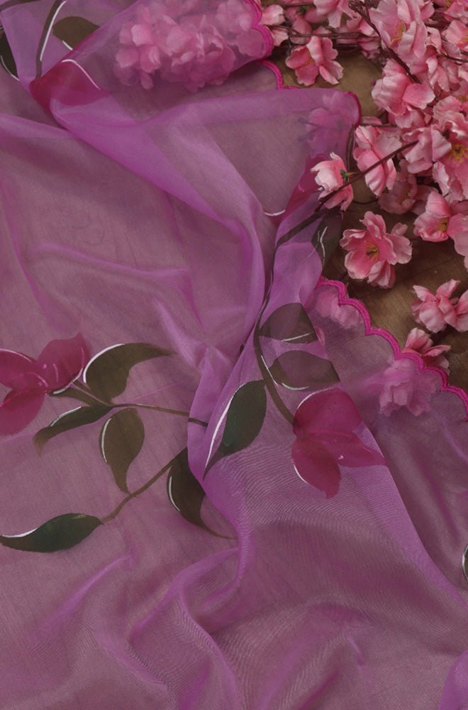 Pink Hand Painted Organza Silk Scalloped Border Dupatta - Luxurion World