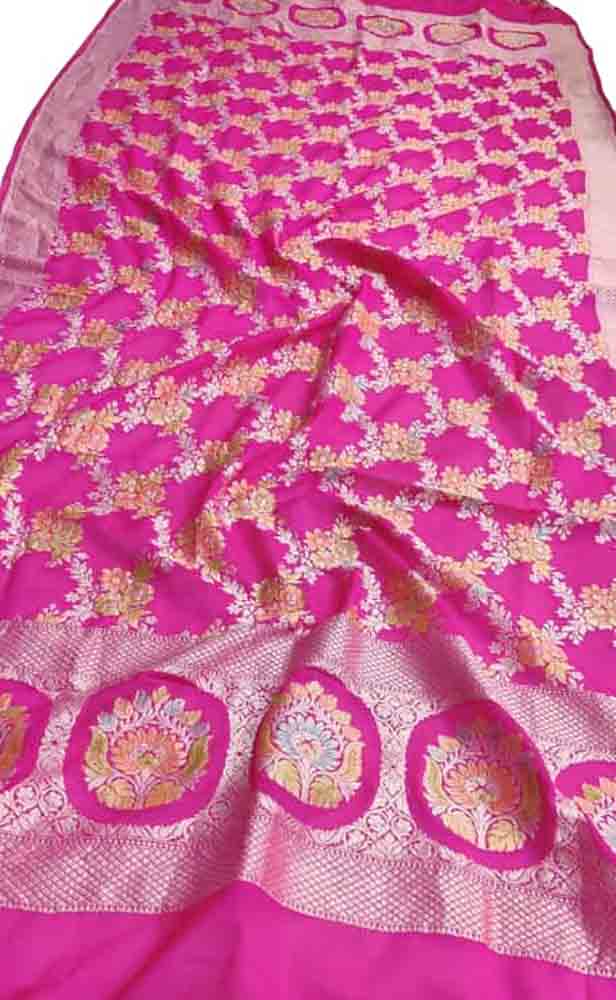 Pink Handloom Banarasi Brush Dye Pure Georgette Dupatta - Luxurion World