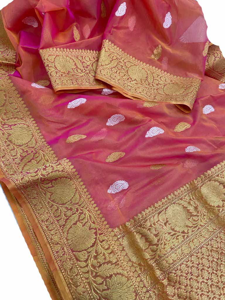 Pink Handloom Banarasi Kora Organza Silk Saree - Luxurion World