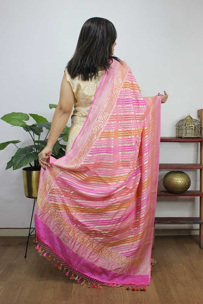 Pink Handloom Banarasi Pure Georgette Brush Dye Dupatta - Luxurion World