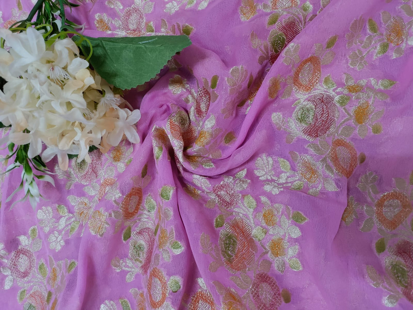 Pink Handloom Banarasi Pure Georgette Brush Dye Dupatta - Luxurion World