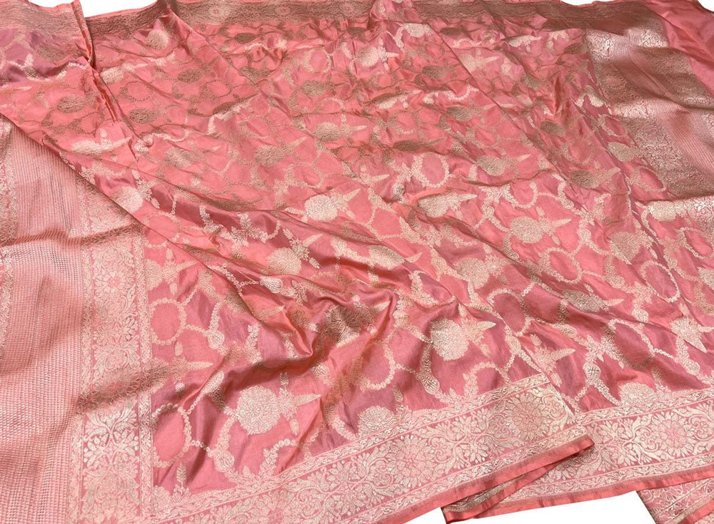 Pink Handloom Banarasi Pure Katan Silk Dupatta - Luxurion World