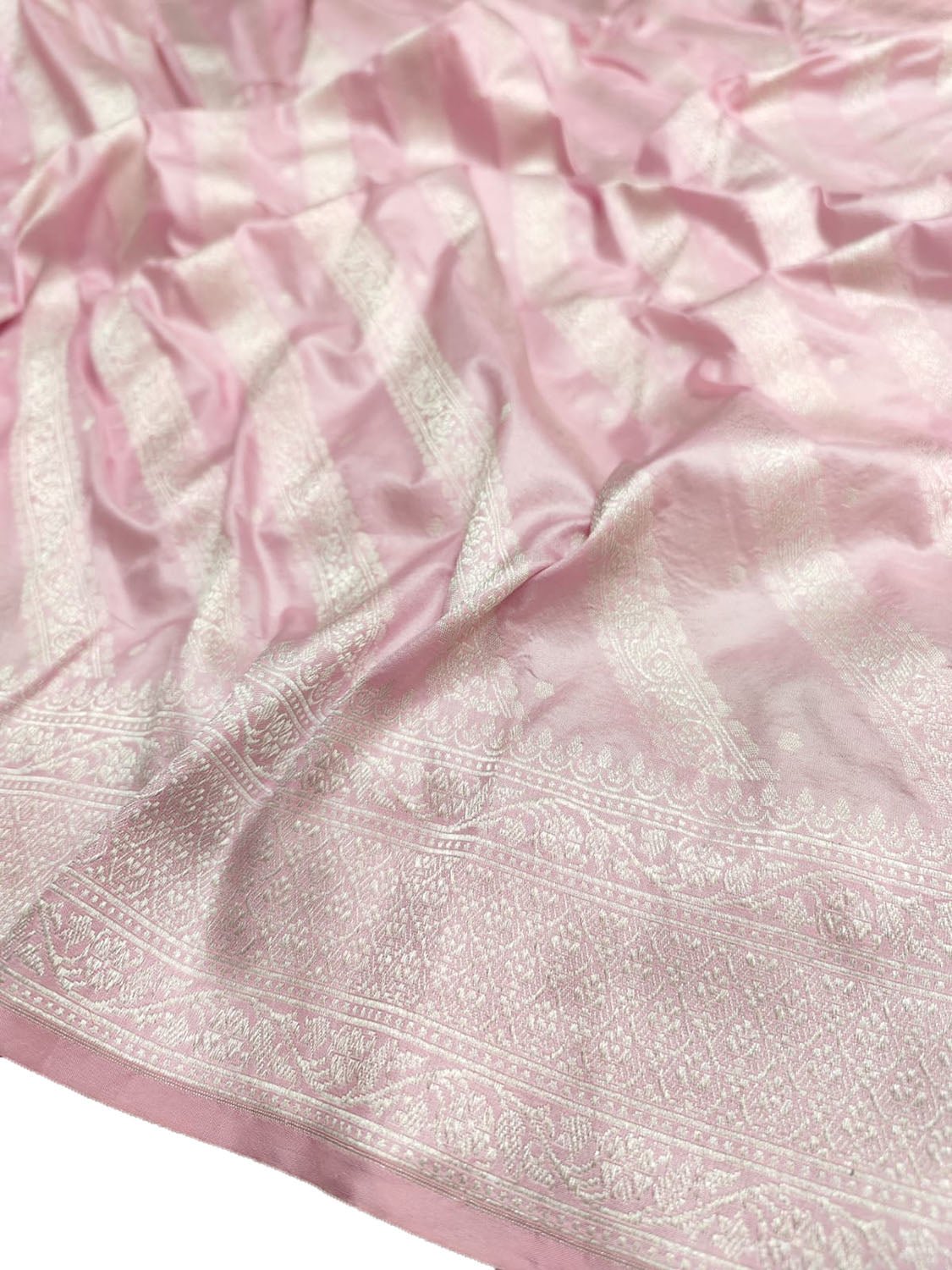 Pink Handloom Banarasi Pure Katan Silk Stripes Design Saree - Luxurion World