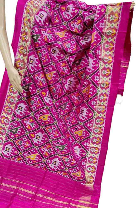 Pink Handloom Ikat Pure Silk Dupatta - Luxurion World