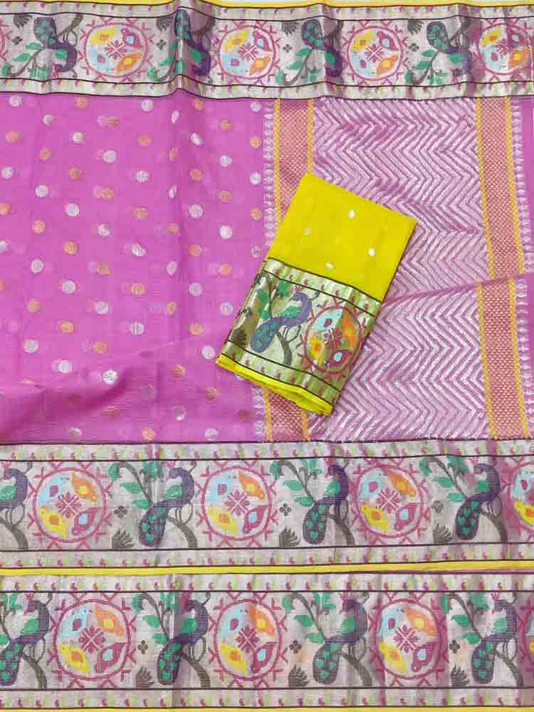 Pink Handloom Kota Doria Real Zari Figure Design Paithani Border Saree - Luxurion World