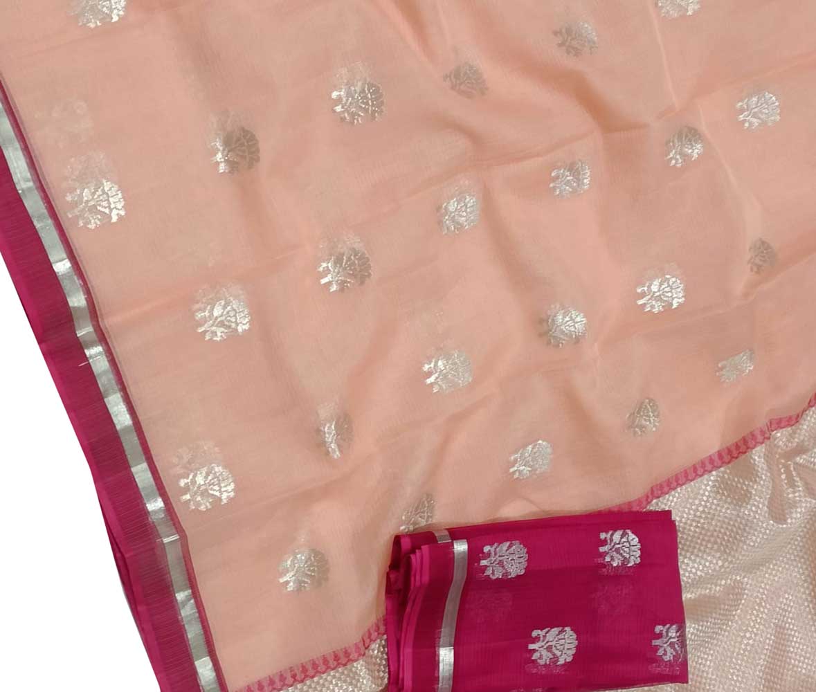 Pink Handloom Kota Doria Real Zari Floral Deasign Saree - Luxurion World