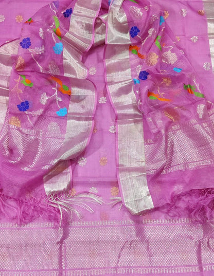 Pink Handloom Kota Doria Real Zari Meenakari Work Two Piece Unstitched Suit Set - Luxurion World