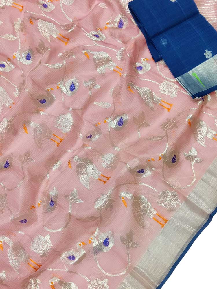 Pink Handloom Kota Doria Real Zari Saree - Luxurion World