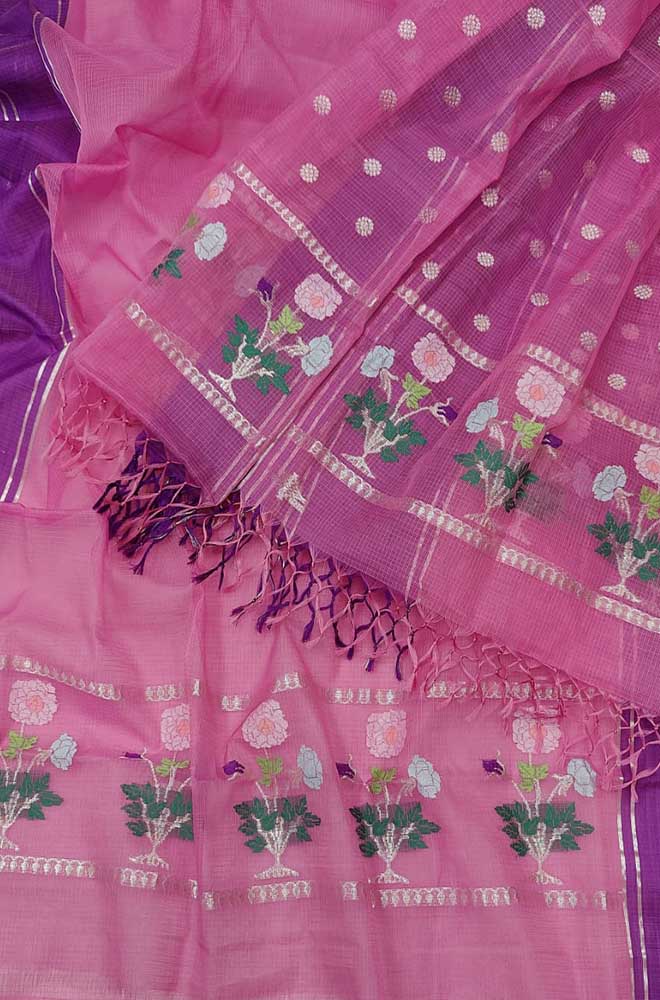 Pink Handloom Kota Doria Real Zari Two Piece Unstitched Suit Set