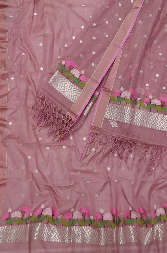 Pink Handloom Kota Doria Real Zari Two Piece Unstitched Suit Set - Luxurion World