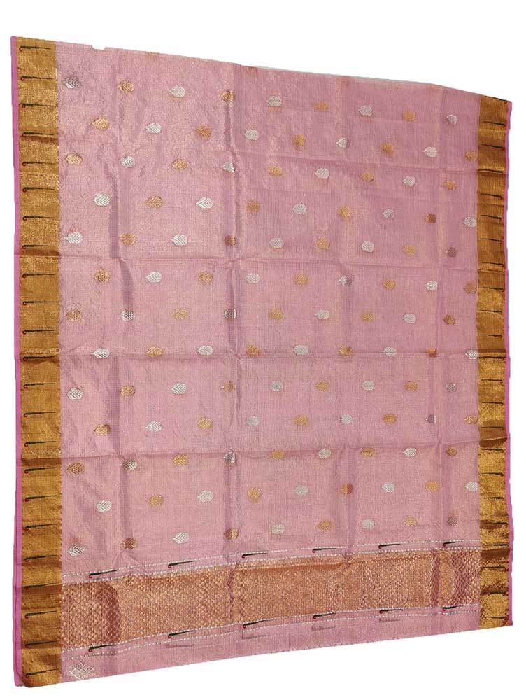 Pink Handloom Kota Doria Tissue Silk Real Zari Sona Roopa Muniya Border Dupatta - Luxurion World