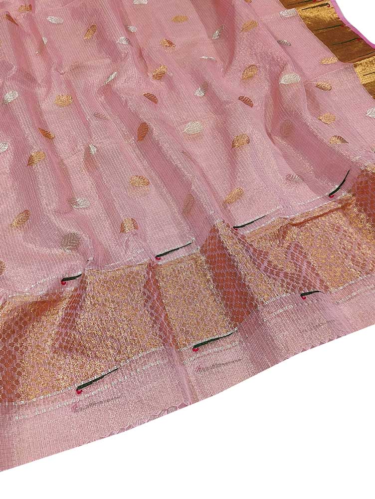 Pink Handloom Kota Doria Tissue Silk Real Zari Sona Roopa Muniya Border Dupatta - Luxurion World