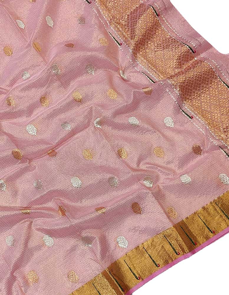 Pink Handloom Kota Doria Tissue Silk Real Zari Sona Roopa Muniya Border Dupatta - Luxurion World