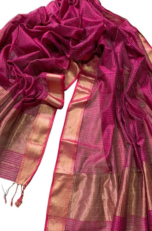 Pink Handloom Maheshwari Silk Cotton Dupatta - Luxurion World