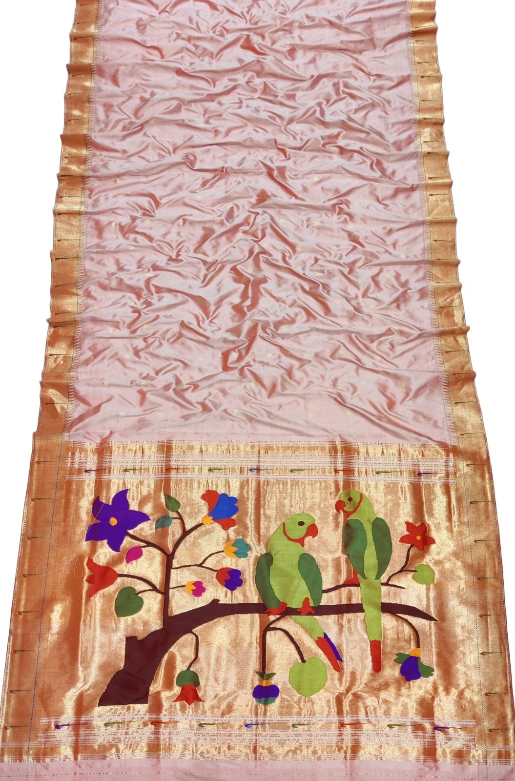 Pink Handloom Paithani Pure Silk Muniya Border Parrot And Floral Design Saree - Luxurion World