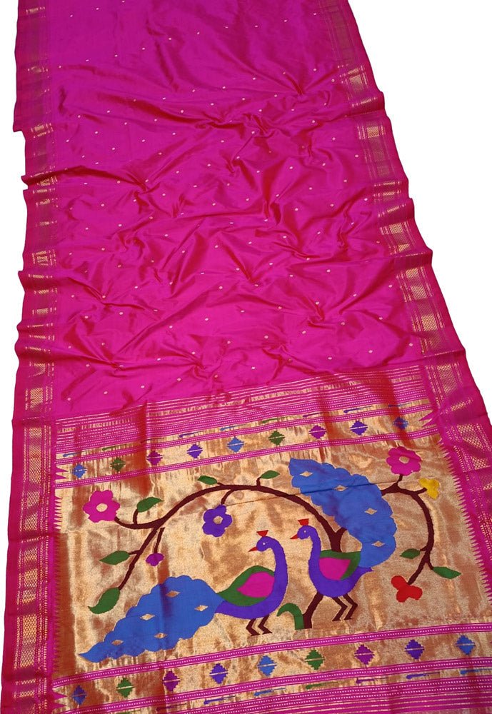 Pink Handloom Paithani Pure Silk Peacock And Floral Design Saree - Luxurion World