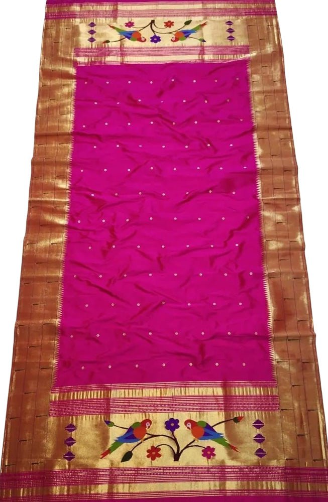 Pink Handloom Paithani Pure Silk Triple Muniya Border Dupatta - Luxurion World