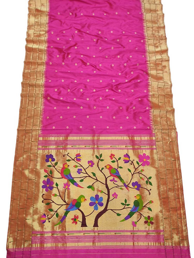 Pink Handloom Paithani Pure Silk Triple Muniya Border Parrot And Floral Design Saree - Luxurion World