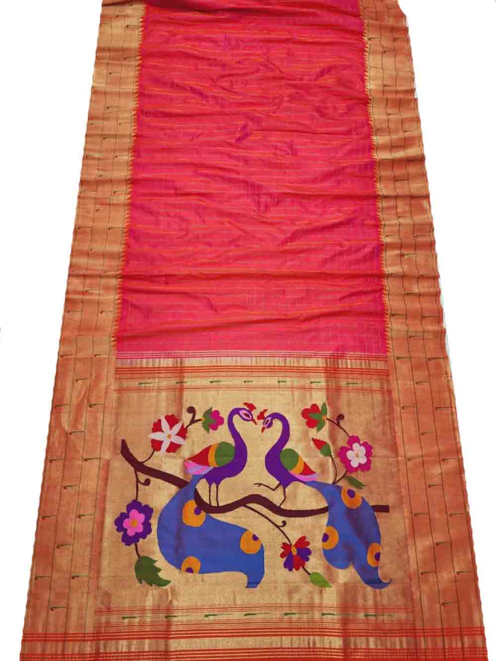 Pink Handloom Paithani Pure Silk Triple Muniya Border Peacock Design Saree - Luxurion World