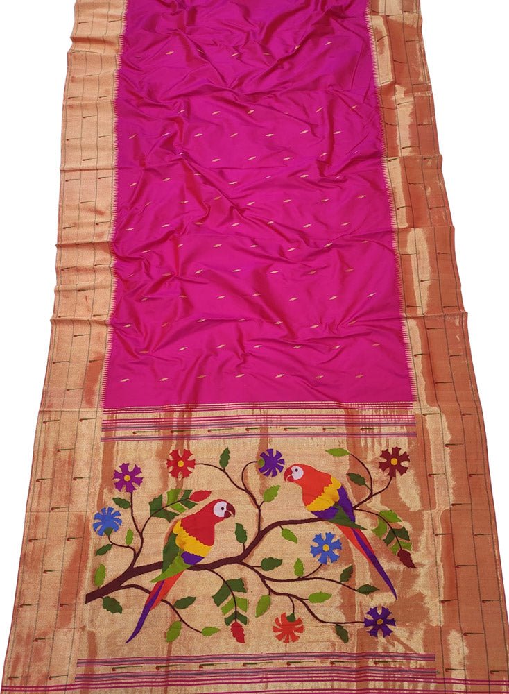 Pink Handloom Paithani Pure Silk Triple Muniya Border Saree - Luxurion World