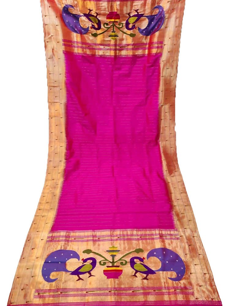 Pink Handloom Paithani Pure Silk Tripple Muniya Dupatta - Luxurion World