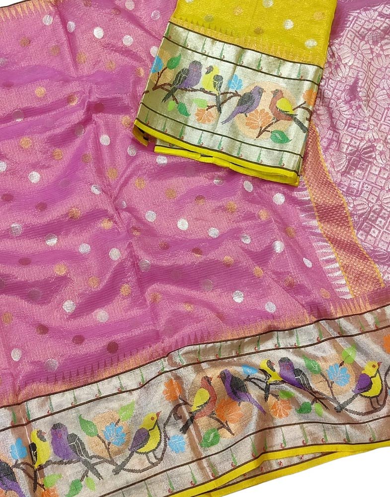 Pink Handloom Tissue Kota Doria Real Zari Paithani Border Saree - Luxurion World
