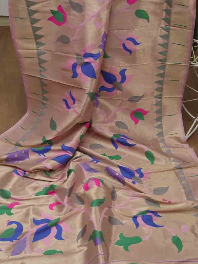 Pink Paithani Brocade Silk Floral Design Muniya Border Dupatta - Luxurion World
