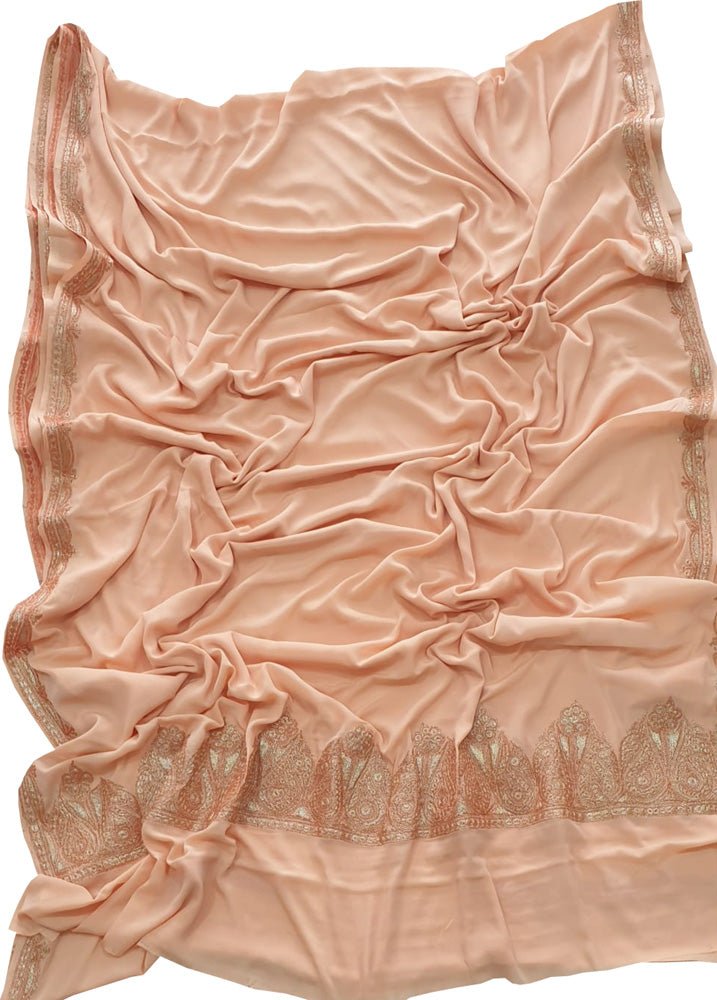 Pink Plain Embroidered Kashmiri Tila Work Crepe Saree - Luxurion World