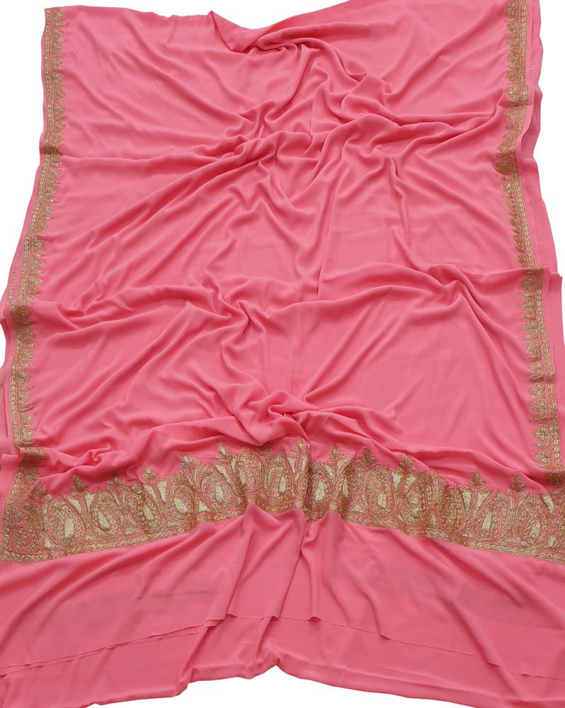 Pink Plain Embroidered Kashmiri Tila Work Crepe Saree - Luxurion World