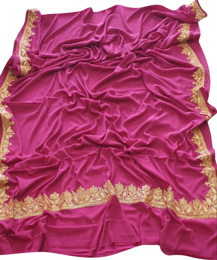 Pink Plain Embroidered Kashmiri Tila Work Crepe Saree - Luxurion World