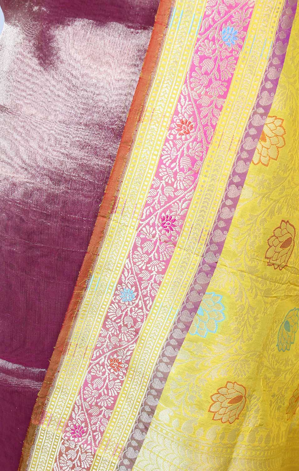 Pink Plain Handloom Banarasi Tissue Silk Suit With Yellow Handloom Banarasi Pure Katan Silk Meenakari Dupatta - Luxurion World