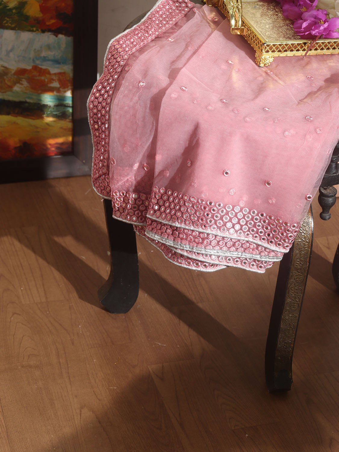 Pink Trendy Organza Mirror Work Dupatta - Luxurion World