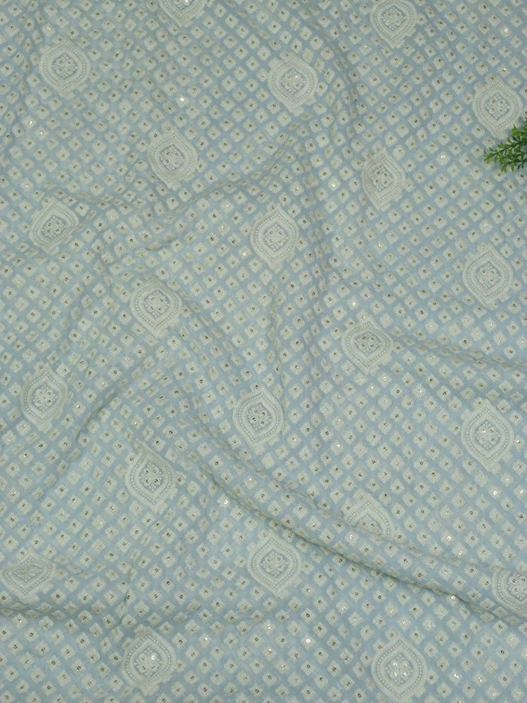 Powder Blue Embroidered Chikankari Georgette Fabric (1Mtr) - Luxurion World