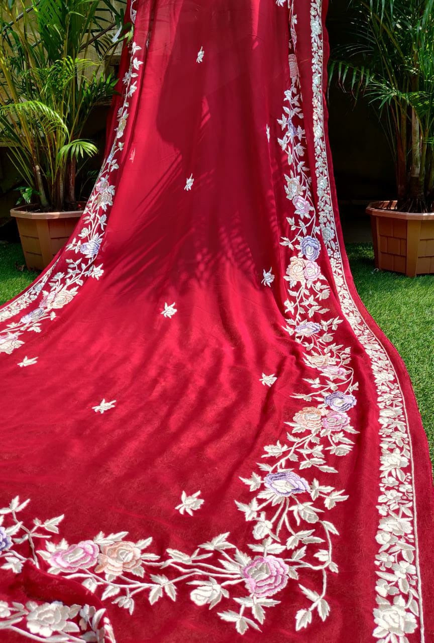 Red Hand Embroidered Parsi Gara Pure Georgette Saree - Luxurion World