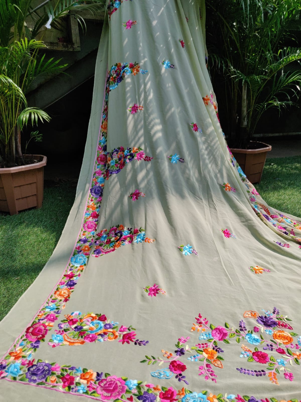 Green Hand Embroidered Parsi Gara Pure Georgette Saree - Luxurion World