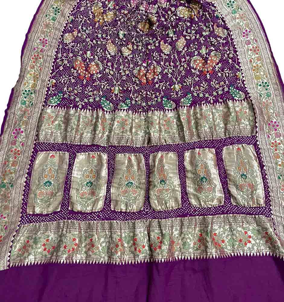 Purple Banarasi Bandhani Pure Georgette Tilfi Work Meenakari Dupatta - Luxurion World