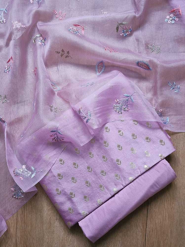 Purple Banarasi Chiniya Silk Three Piece Unstitched Suit Set - Luxurion World