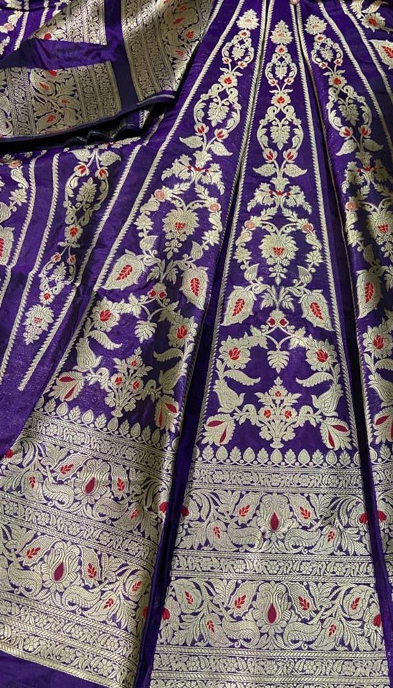 Purple Banarasi Pure Katan Silk Unstitched Lehenga Set - Luxurion World