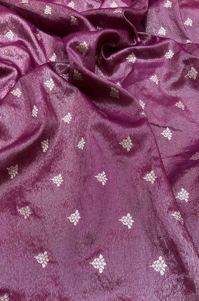 Purple Banarasi Tissue Silk Zari Booti Design Fabric ( 1 Mtr ) - Luxurion World
