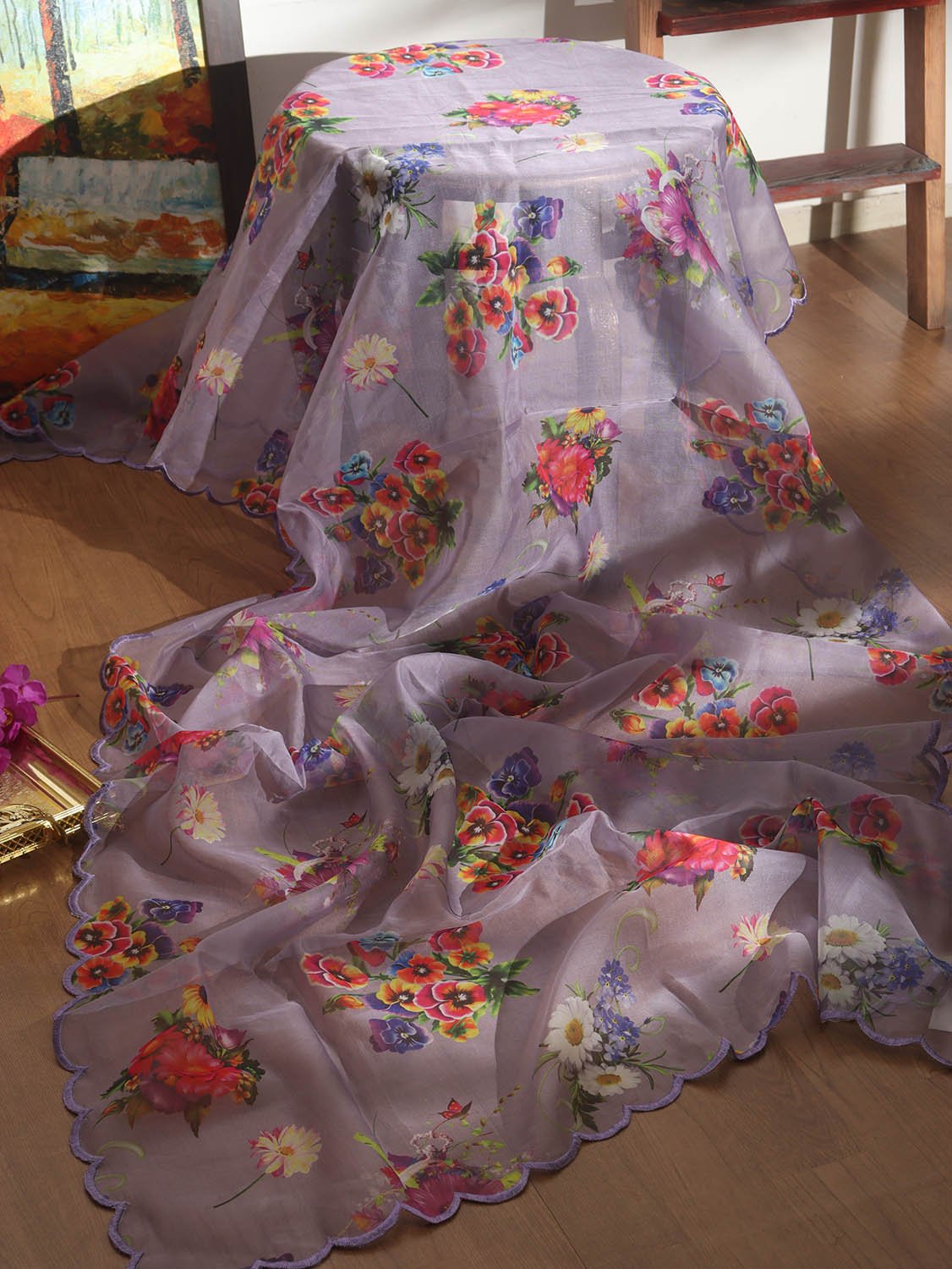 Purple Digital Printed Organza Silk Dupatta With Scalloped Border - Luxurion World