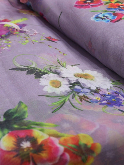 Purple Digital Printed Organza Silk Floral Design Fabric ( 1 Mtr ) - Luxurion World