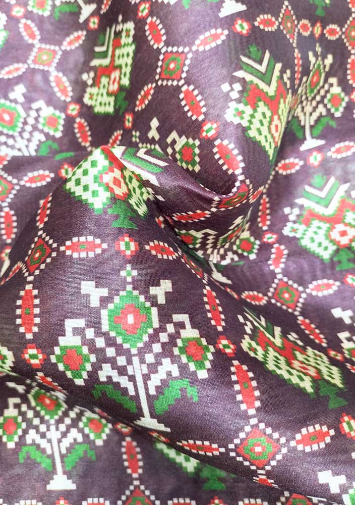 Purple Digital Printed Tussar Silk Patola Design Fabric ( 1 Mtr ) - Luxurion World