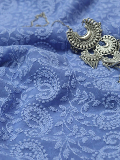 Purple Embroidered Chikankari Georgette Fabric (1 Mtr) - Luxurion World