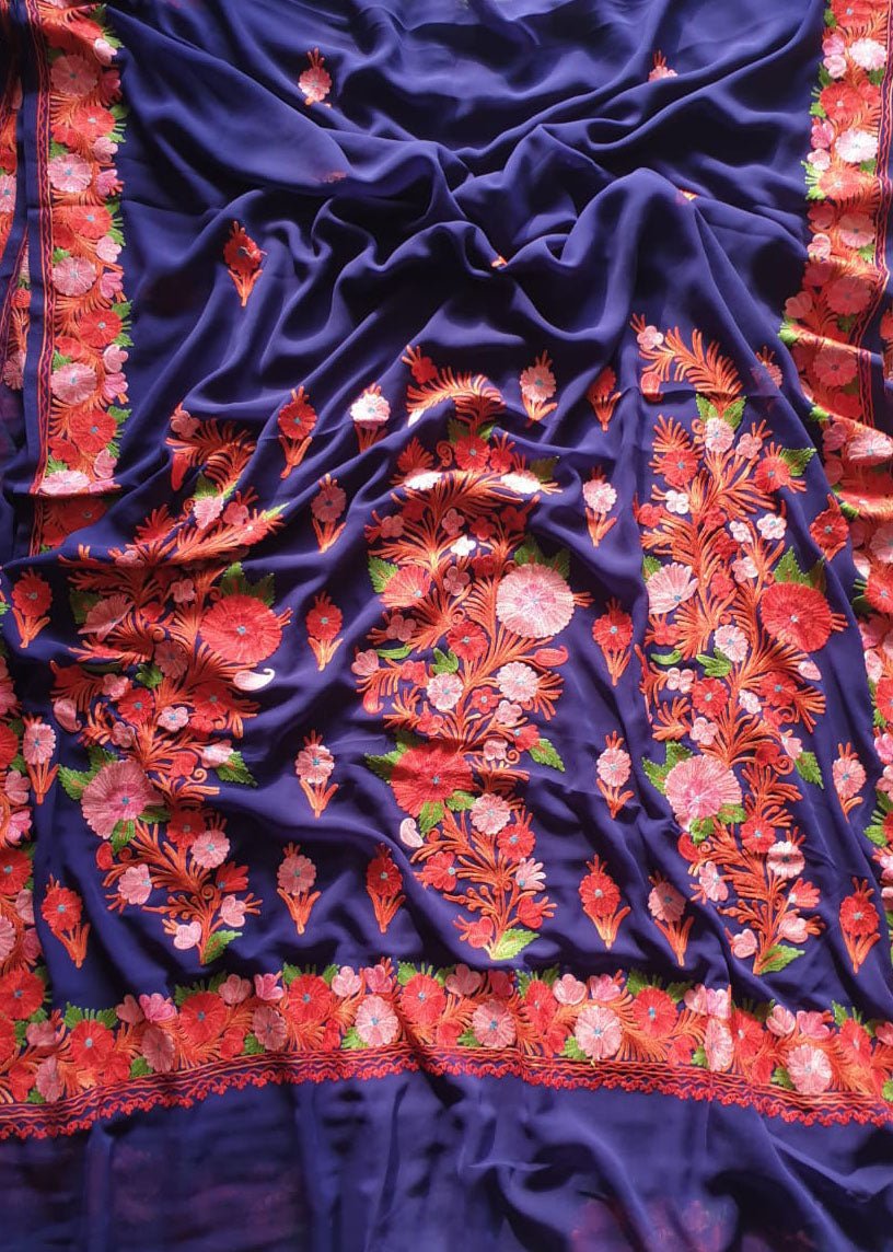 Purple Embroidered Kashmiri Aari Work Georgette Saree - Luxurion World