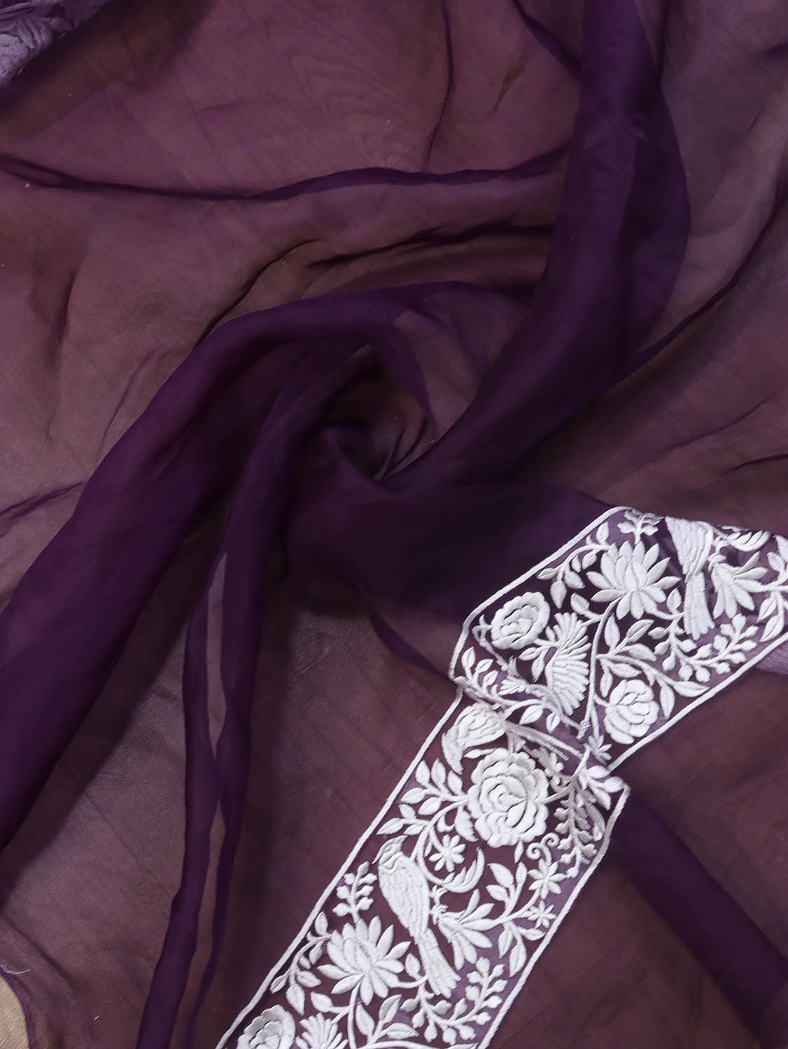 Purple Embroidered Parsi Gara Organza Bird And Floral Design Saree - Luxurion World