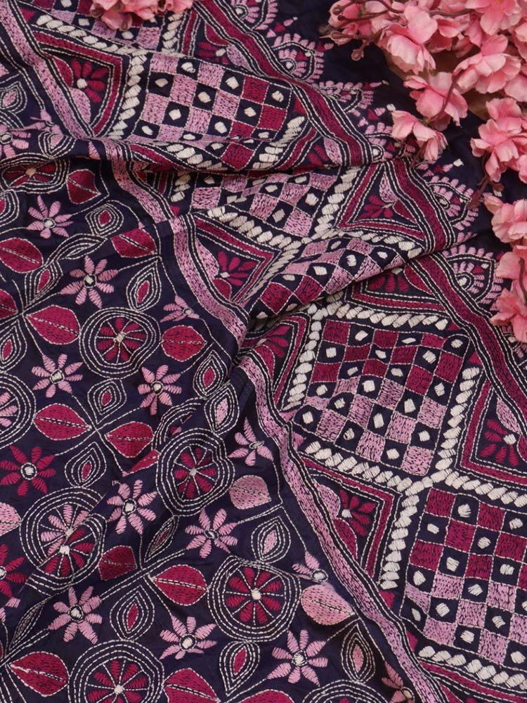 Purple Hand Embroidered Kantha Bangalore Silk Dupatta - Luxurion World