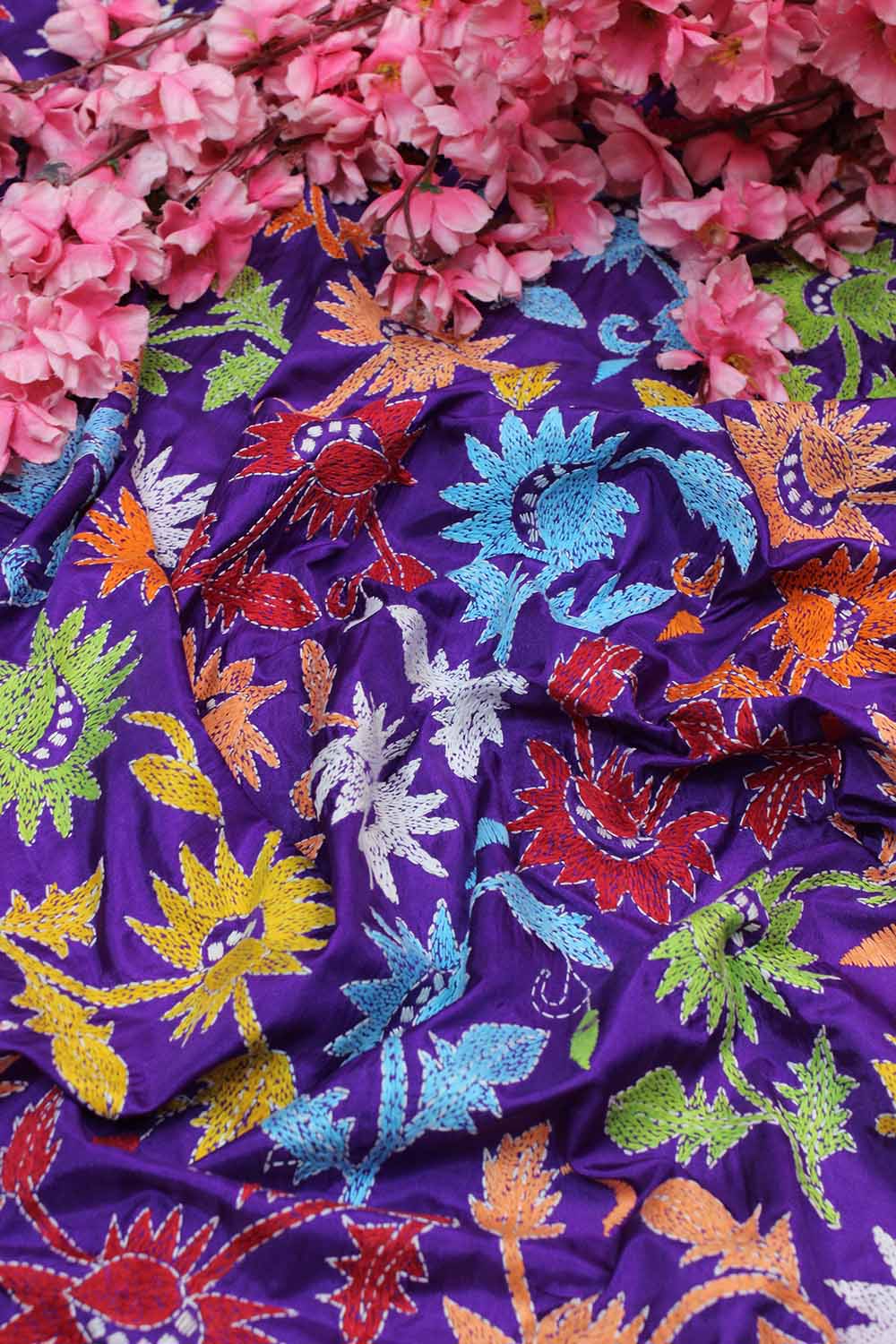 Purple Hand Embroidered Kantha Silk Fabric ( 1 Mtr ) - Luxurion World