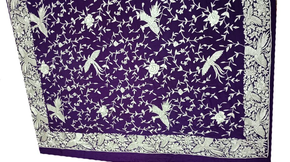 Purple Hand Embroidered Parsi Gara Crepe Floral Design Saree - Luxurion World