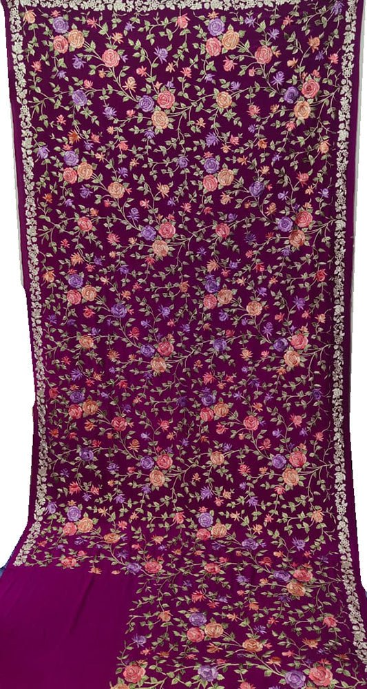 Purple Hand Embroidered Parsi Gara Crepe Floral Design Saree - Luxurion World