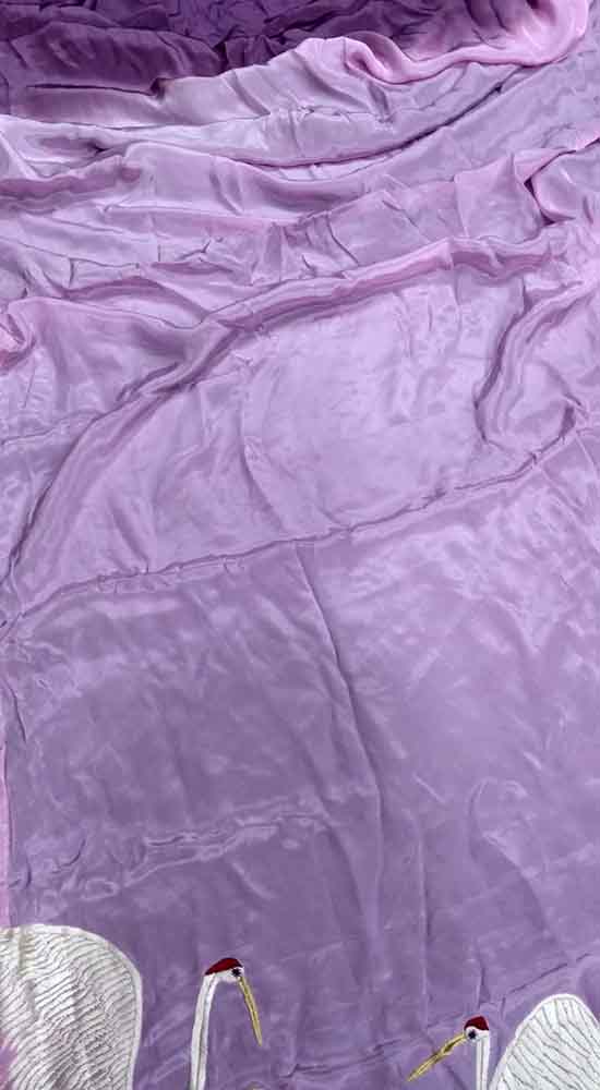 Purple Hand Embroidered Parsi Gara Pure Crepe Bird Design Saree - Luxurion World
